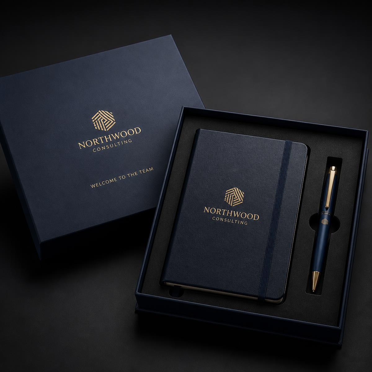 Navy Executive Franchise Welcome Kit box with gold foil branding, notebook and pen